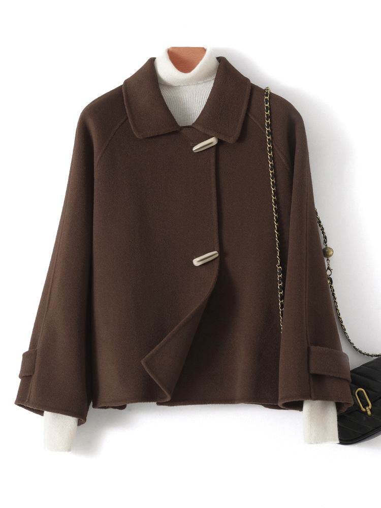 Brown double-faced wool short coat with stylish collar and button details for fall fashion