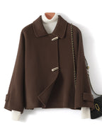 Brown double-faced wool short coat with stylish collar and button details for fall fashion