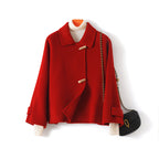 Stylish red double-faced wool short coat with unique closure and relaxed fit