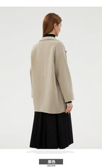 Back view of a stylish Double-Faced Wool Velvet Coat in beige with a relaxed fit