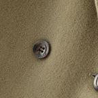 Close-up of a button on the Double-Faced Wool Velvet Coat by AM Vision RO in a warm, neutral tone