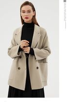 Beige Double-Faced Wool Velvet Coat with a relaxed fit and large front pockets for a chic look