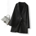 Elegant Double-Faced Wool Velvet Coat in Black with Double Breasted Design and Side Pockets
