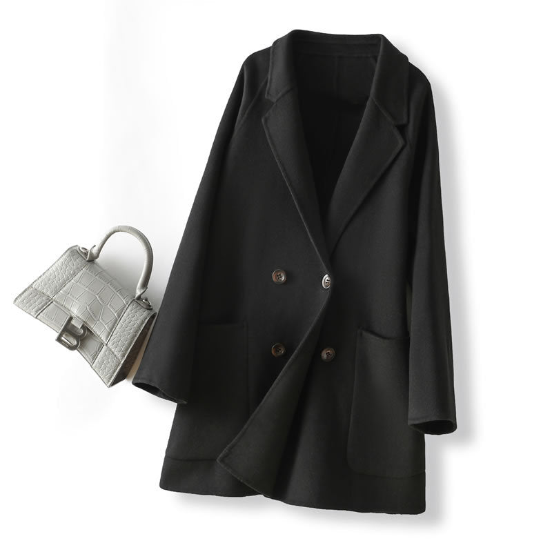 Elegant Double-Faced Wool Velvet Coat in Black with Double Breasted Design and Side Pockets