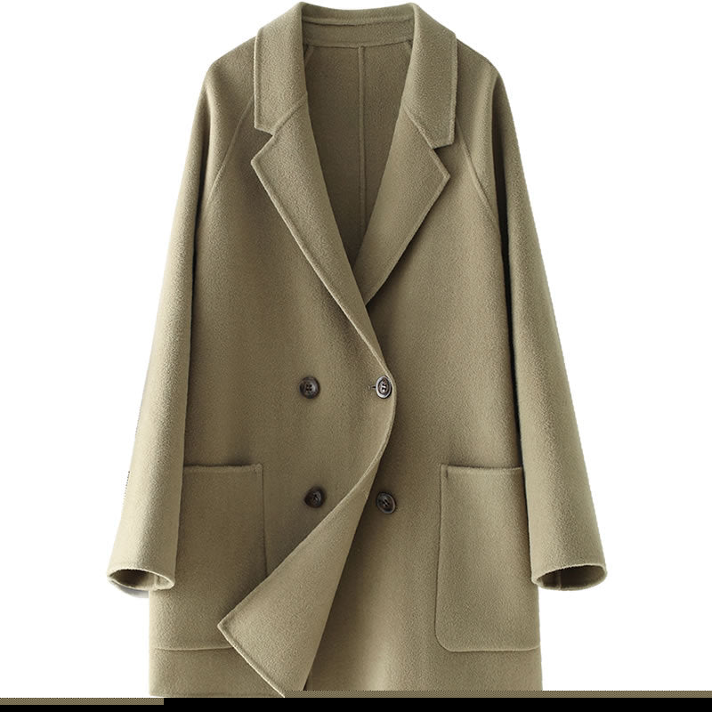 Stylish AM Vision RO Double-Faced Wool Velvet Coat in Olive Green with a Classic Double-Breasted Design