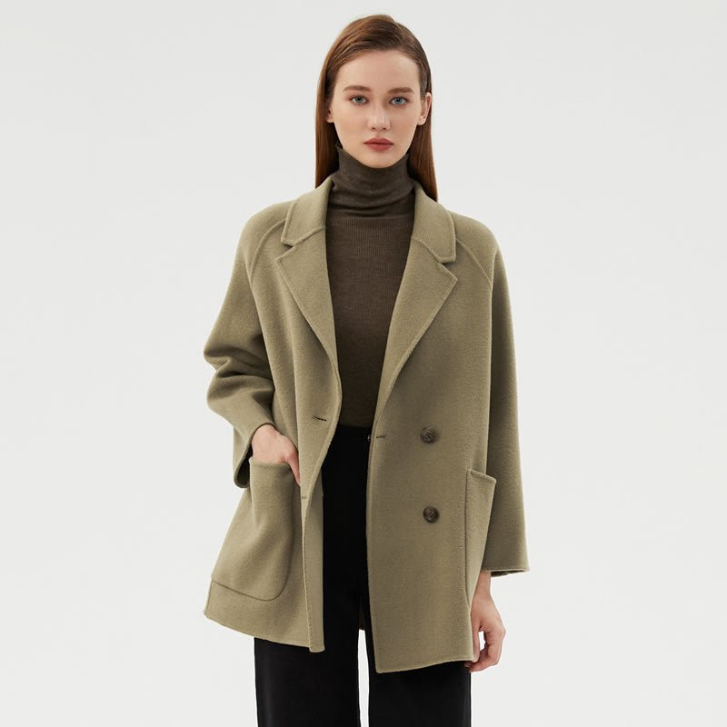 AM Vision RO Double-Faced Wool Velvet Coat in olive green with a relaxed fit and double-breasted design