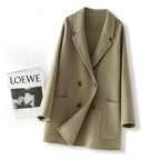 Double-Faced Wool Velvet Coat in Olive Green with Button Front and Side Pockets