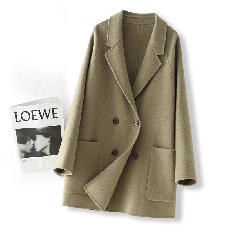Double-Faced Wool Velvet Coat in Olive Green with Button Front and Side Pockets
