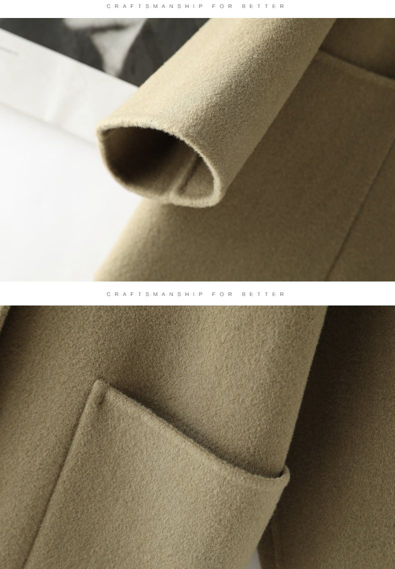 Close-up of AM Vision RO Double-Faced Wool Velvet Coat showcasing soft texture and tailored sleeve detail