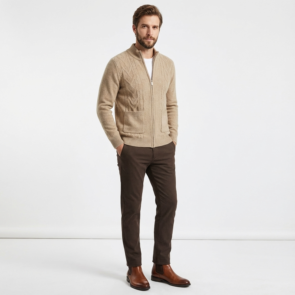 Dual Pocket Zip Jacquard Wool Cardigan