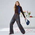 Retro Jacquard Wide Leg Denim Pants styled with a brown top and blue scarf for a trendy look