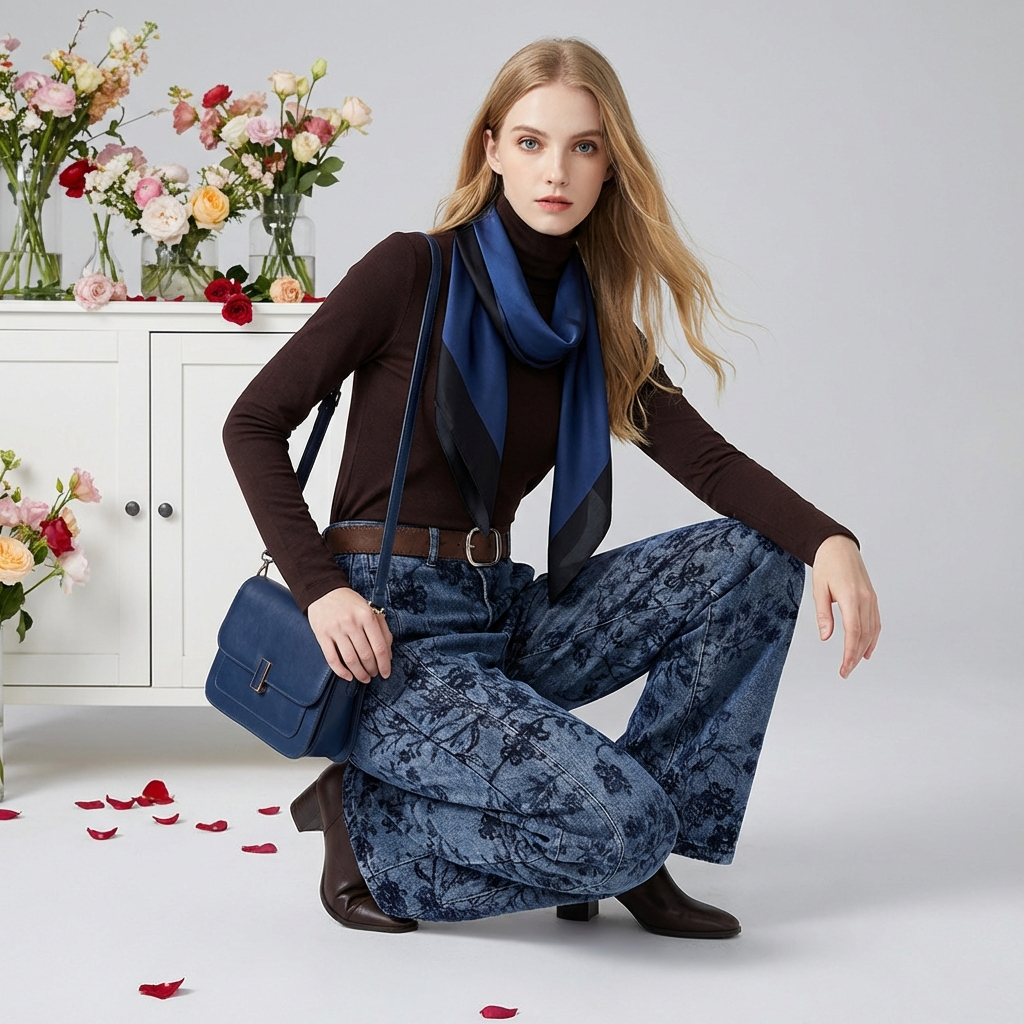 Model wearing Retro Jacquard Wide Leg Denim Pants with a brown top and blue scarf, posing stylishly