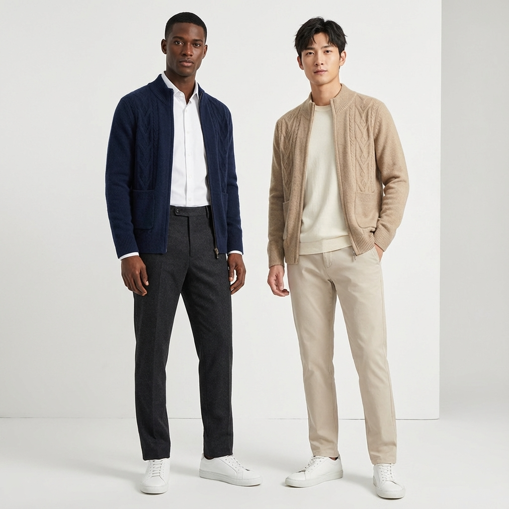 Dual Pocket Zip Jacquard Wool Cardigan