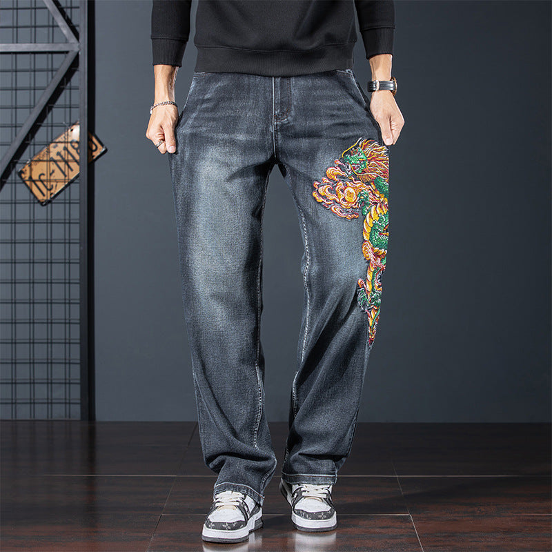 Stylish Dragon Legacy Embroidered Jeans featuring vibrant dragon embroidery for a unique look