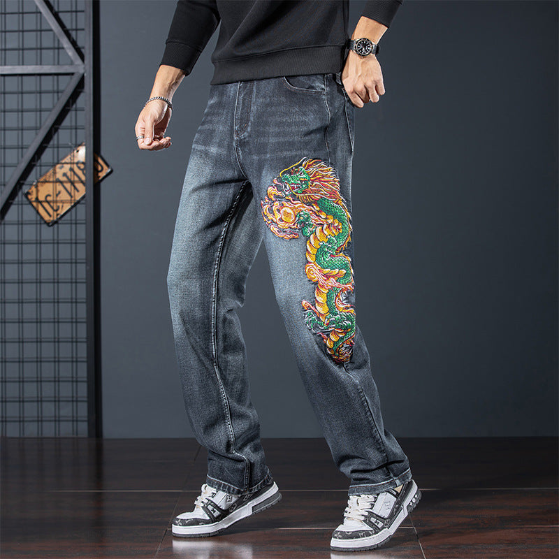 Dragon Legacy Embroidered Jeans featuring intricate dragon design on the leg for a unique style