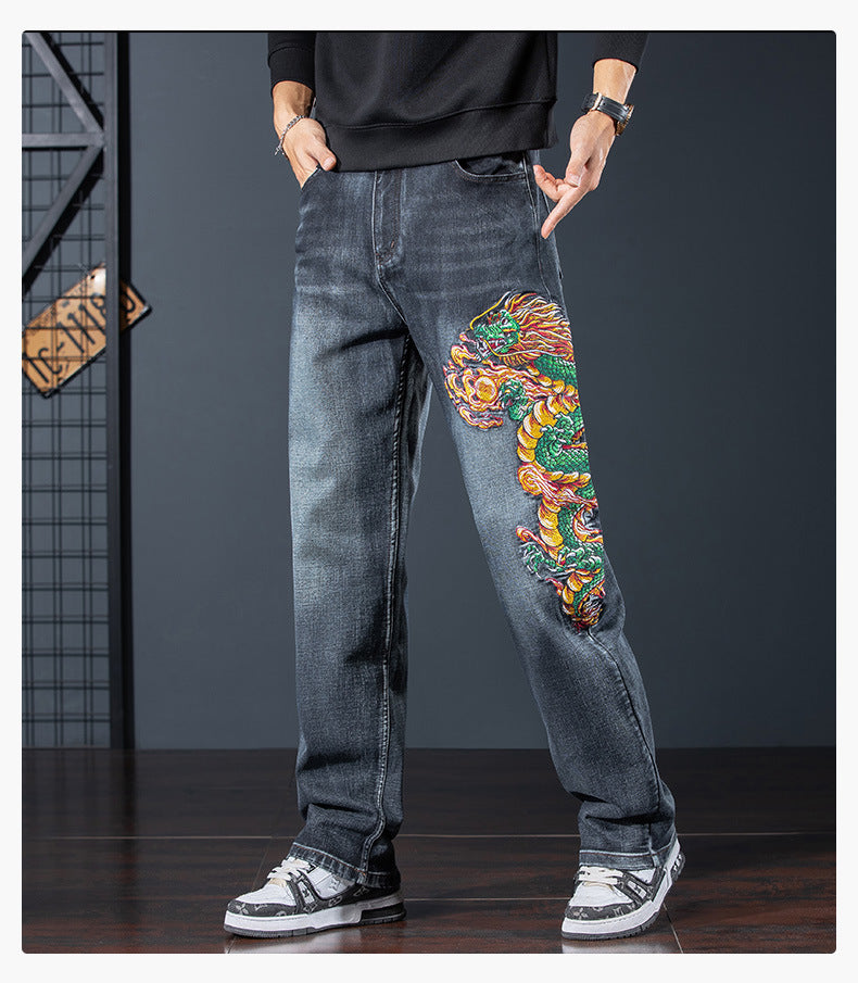 Dragon Legacy Embroidered Jeans featuring a vibrant dragon design on the side for a unique style