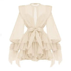 Elegant AM Vision RO Dress with Asymmetric Design and Cut-Out Details featuring ruffled sleeves