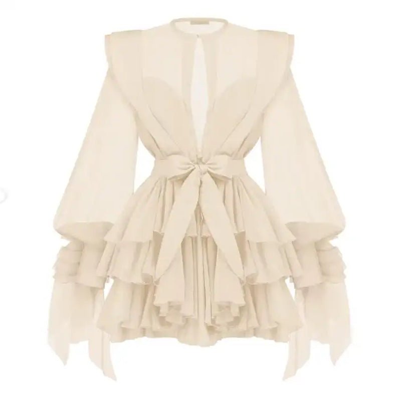Elegant AM Vision RO Dress with Asymmetric Design and Cut-Out Details featuring ruffled sleeves