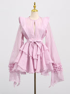 AM Vision RO Dress with Asymmetric Design and Cut-Out Details in Soft Pink with Ruffle Sleeves