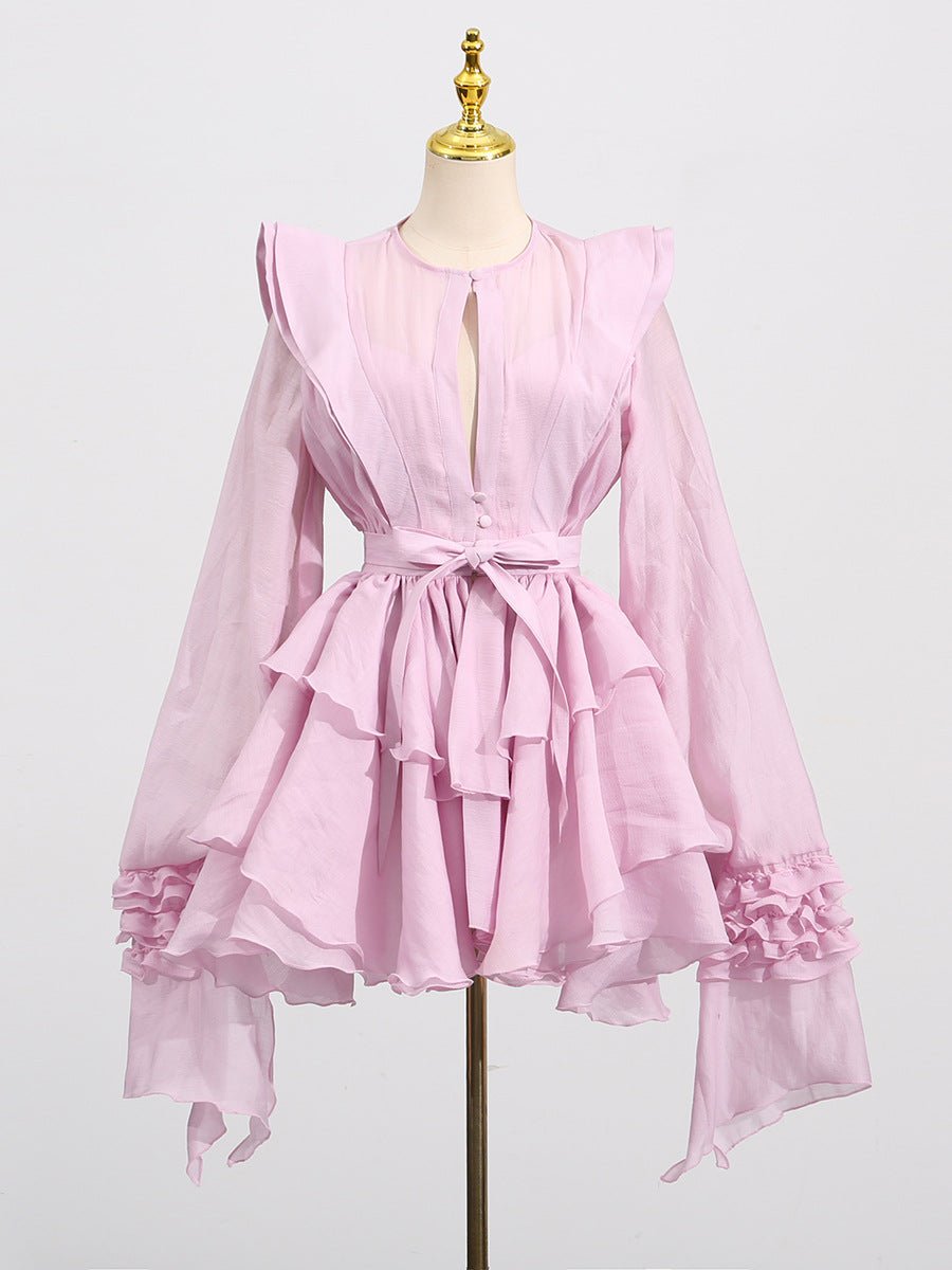 AM Vision RO Dress with Asymmetric Design and Cut-Out Details in Soft Pink with Ruffle Sleeves