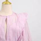 Pink Dress with Asymmetric Design and Cut-Out Details featuring delicate ruffle sleeves
