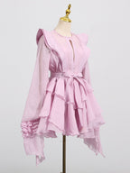 Pink AM Vision RO Dress with Asymmetric Design and Cut-Out Details featuring ruffle accents