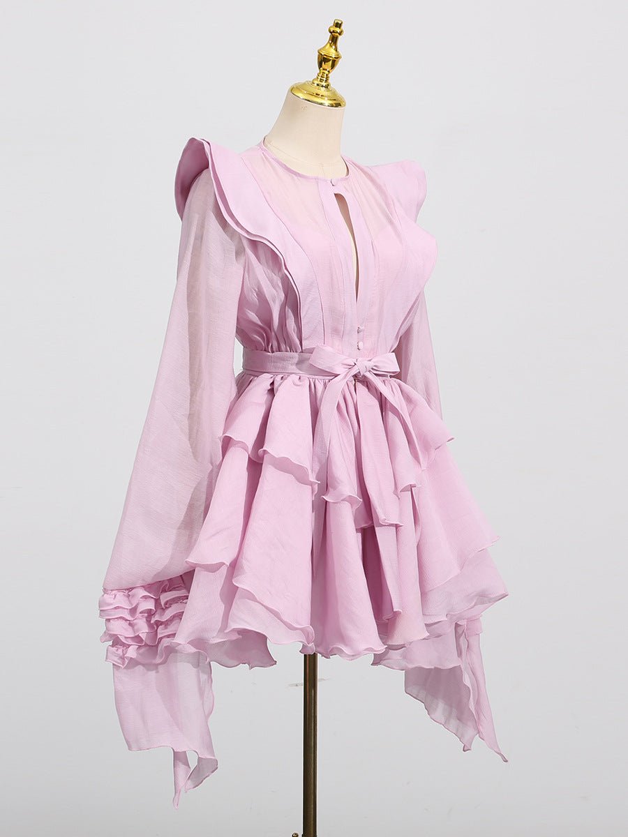 Pink AM Vision RO Dress with Asymmetric Design and Cut-Out Details featuring ruffle accents