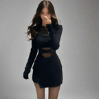 Chic black dress with transparent inserts, featuring long sleeves and a sleek design.