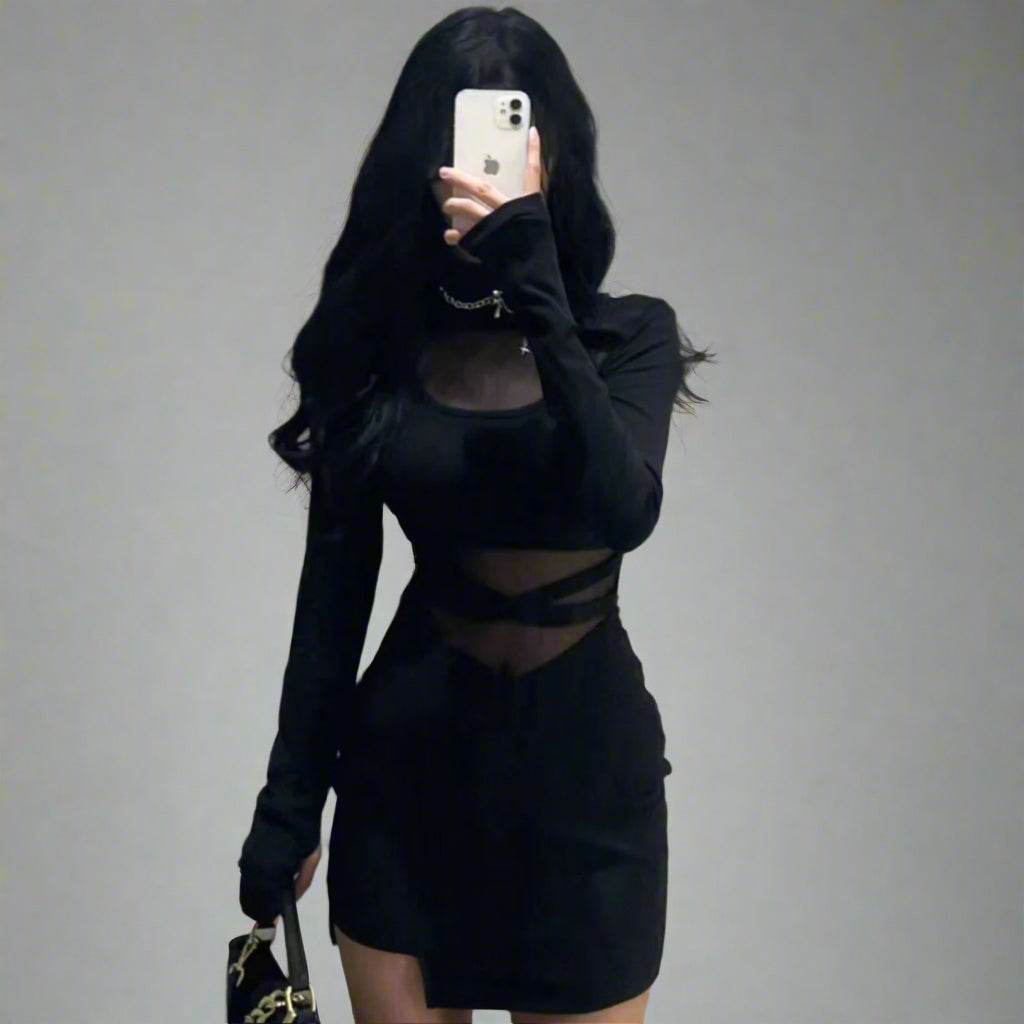 Stylish black dress with transparent inserts, featuring long sleeves and a chic silhouette
