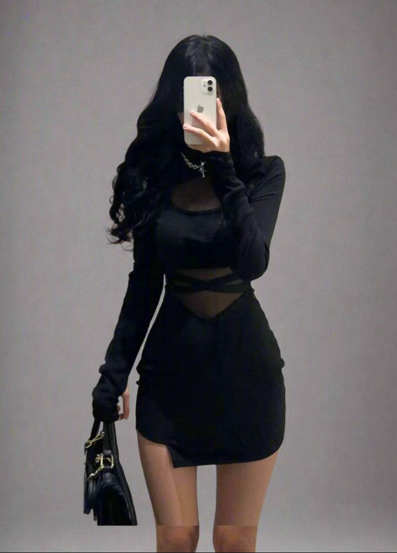 Stylish black dress with transparent inserts for a trendy and chic look
