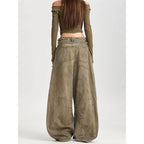 Dustline Khaki Wide Jeans with a relaxed fit, paired with an off-shoulder top for a trendy look