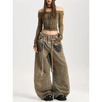 Dustline Khaki Wide Jeans with a relaxed fit and unique detailing for stylish casual wear