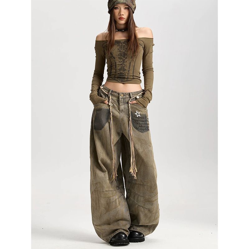 Dustline Khaki Wide Jeans with a relaxed fit and unique design for a stylish casual look