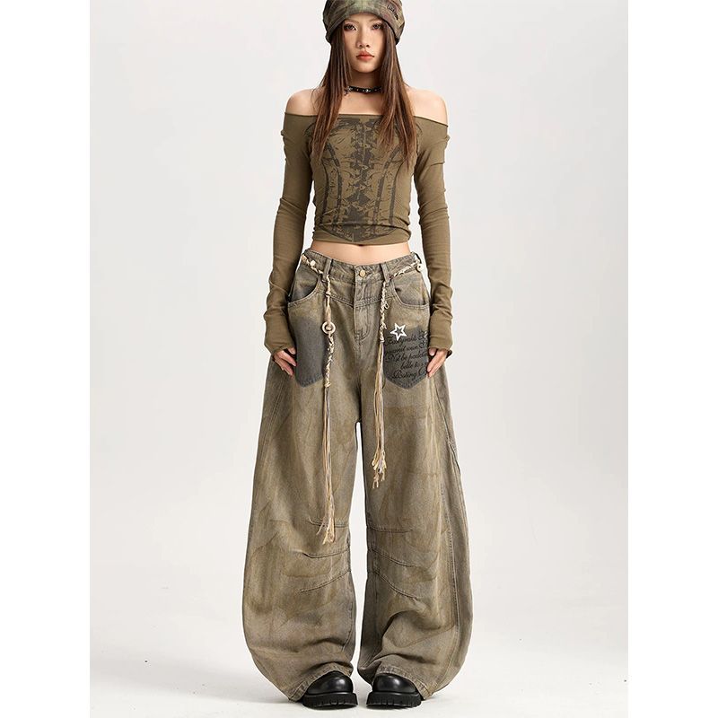 Dustline Khaki Wide Jeans with Loose Fit and Side Pockets for Trendy Casual Style