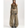 Dustline Khaki Wide Jeans with Loose Fit and Side Pockets for Trendy Casual Style