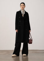 Elara Wool Coat Cashmere X Mulberry Silk in black worn by a model with a stylish scarf and handbag