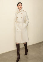 Elara Wool Coat Cashmere X Mulberry Silk in Cream with a Belt and Gold Buttons for Elegant Winter Fashion