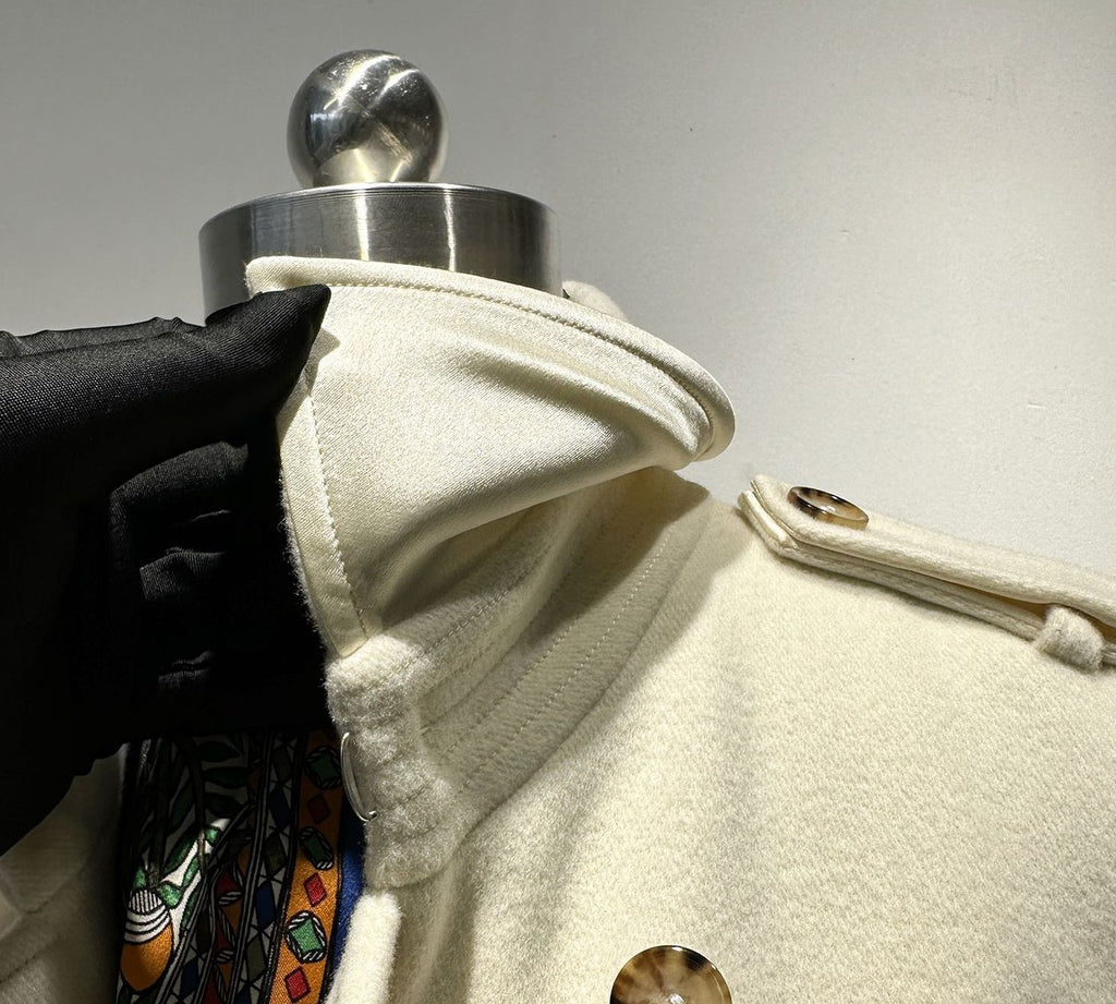 Elara Wool Coat Cashmere X Mulberry Silk on display with stylish collar and button details