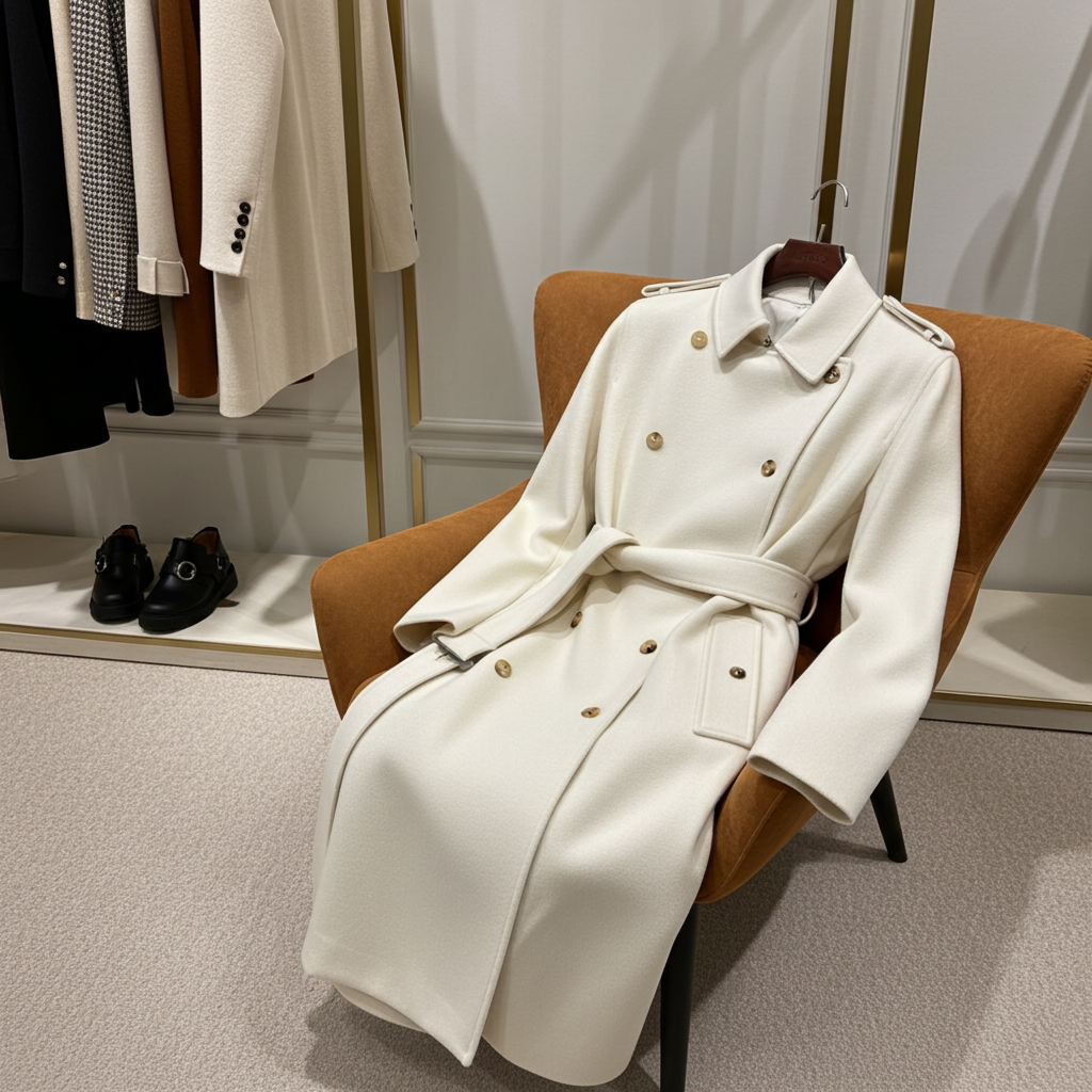 Elara Wool Coat Cashmere X Mulberry Silk in cream color showcased on a chair