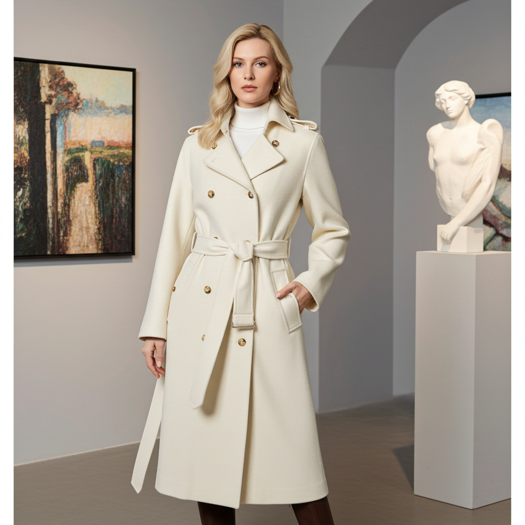 Elegant Elara Wool Coat Cashmere X Mulberry Silk in cream color with a belted waist and stylish buttons