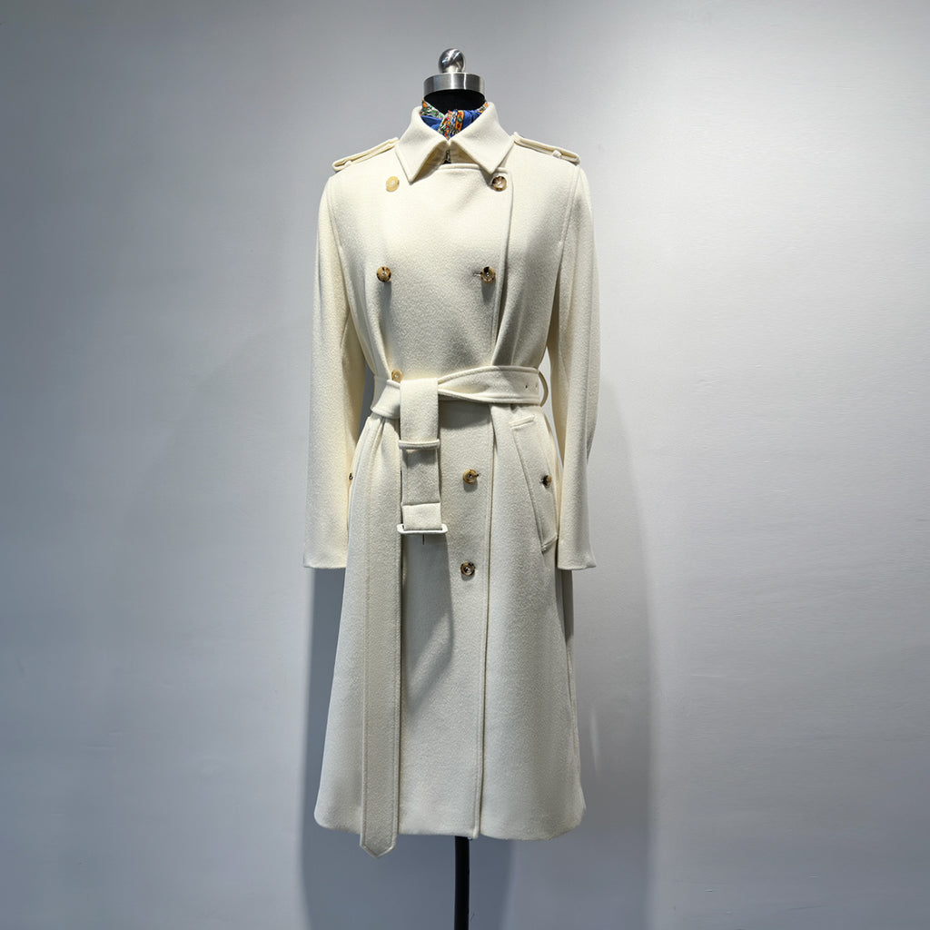 Elara Wool Coat Cashmere X Mulberry Silk in Cream Color with Double-Breasted Design and Belted Waist