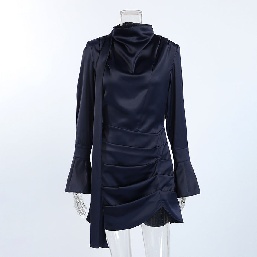 Elegant Bell Sleeve Dress in navy satin with a stylish draped neck and ruffled hem for a chic look