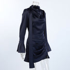 Elegant Bell Sleeve Dress in navy satin with a stylish ruched design and flowing sleeves
