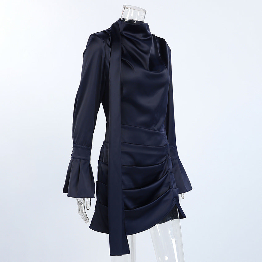 Elegant Bell Sleeve Dress in navy satin with a stylish ruched design and flowing sleeves