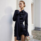Elegant Bell Sleeve Dress in Black Satin with a Stylish High Neck and Flared Sleeves