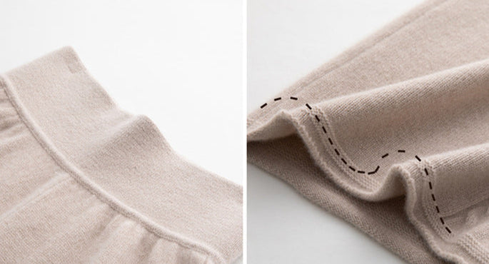 Close-up of elegant cashmere lounge pants showing soft fabric and detailed stitching