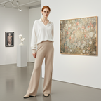Model wearing elegant cashmere lounge pants paired with a white blouse in an art gallery setting