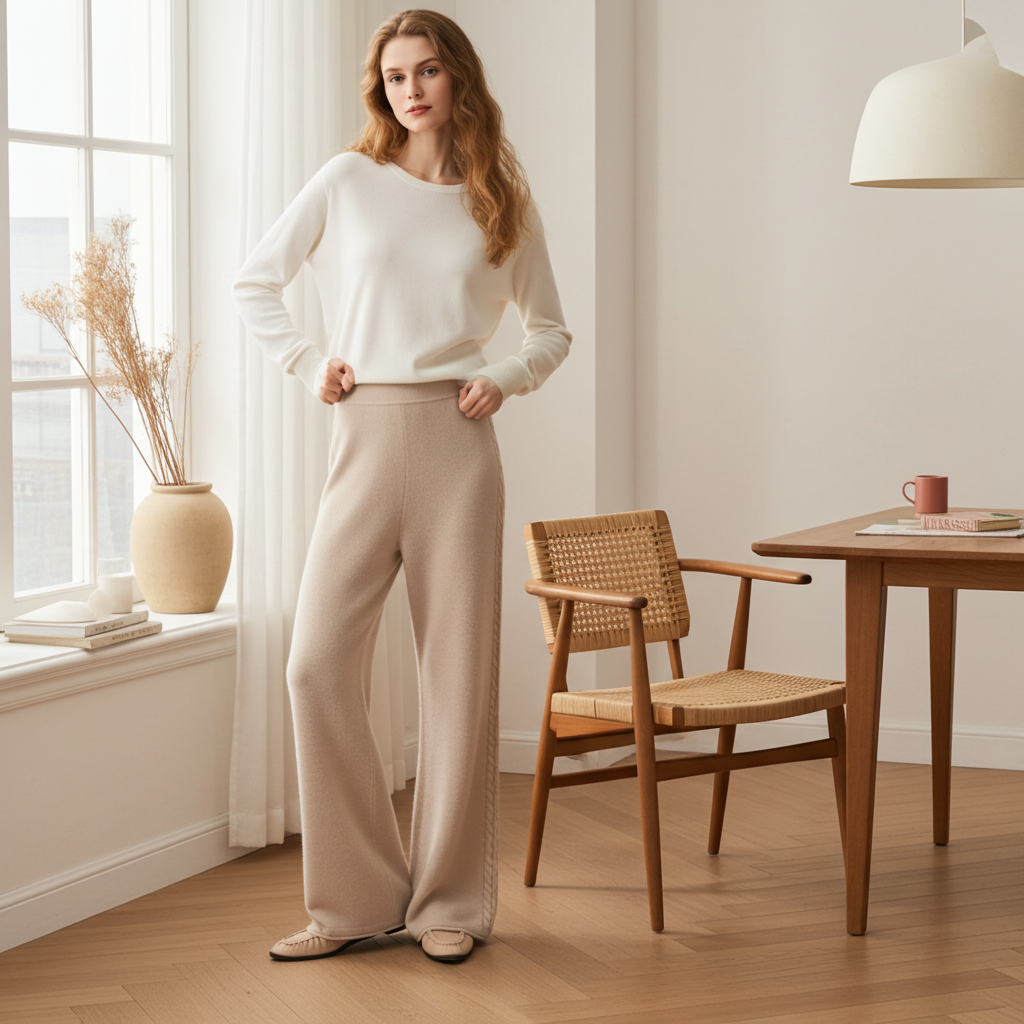 Elegant cashmere lounge pants in light beige paired with a cozy white top in a bright room
