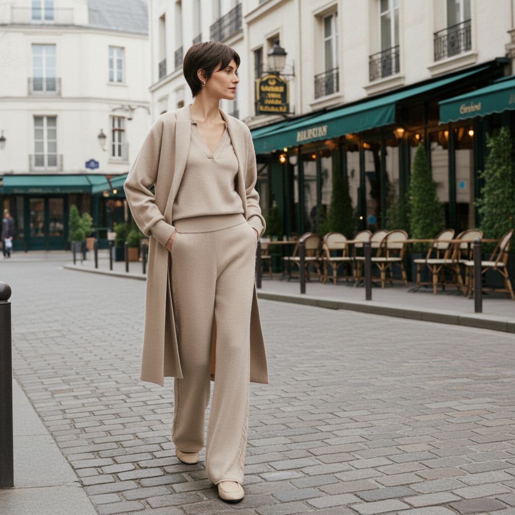 Stylish woman wearing elegant cashmere lounge pants with matching top and cardigan in a Parisian street