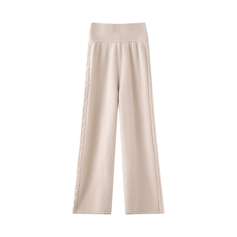 Elegant cashmere lounge pants in soft beige with a comfortable wide waistband for ultimate relaxation